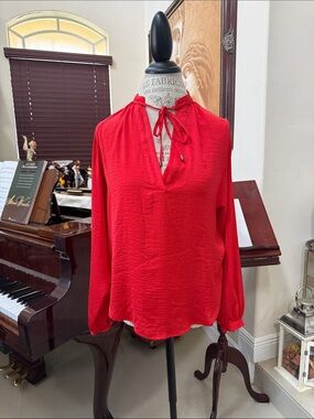 H&M Red Tie-Neck Long Sleeve Blouse